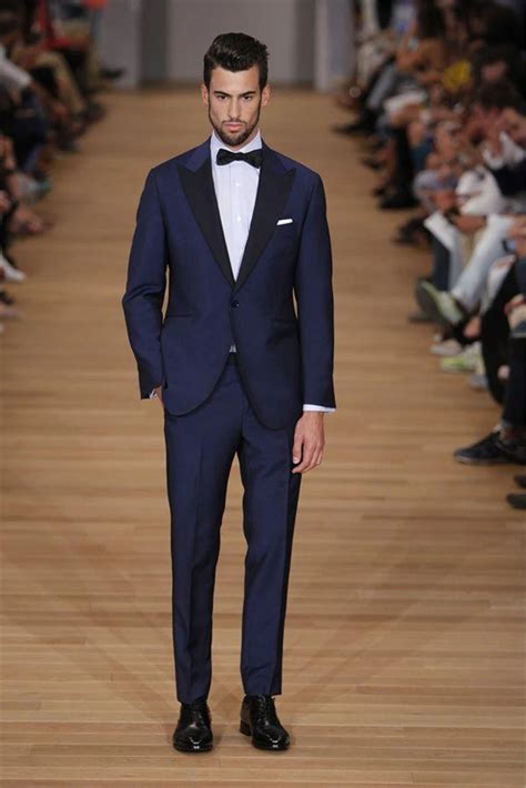 navy suit with black lapel.